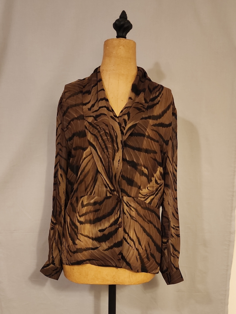 Liz Claiborne Brown & Black Tiger-Print Draped Blouse